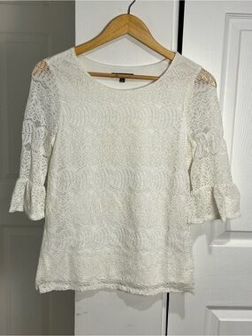 ADRIANNA PAPELL Women's Small Cream Lace Top 3/4 Flounce Sleeve Romantic Lined